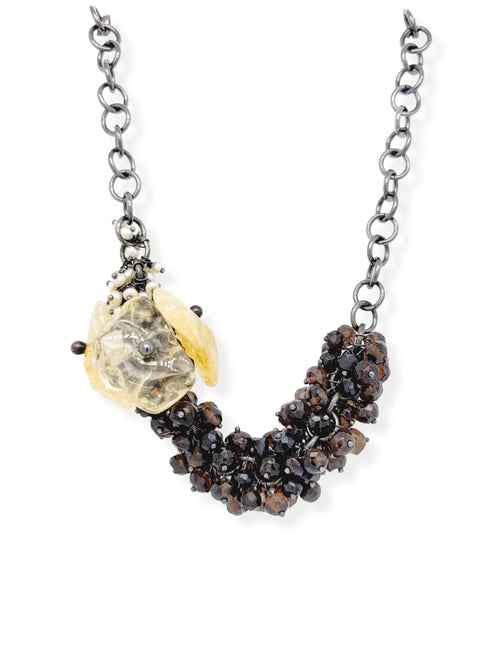 Citrine Smoky Quartz and Pearl Statement Necklace