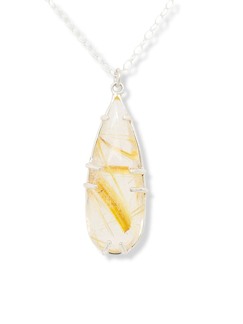 Gold Rutilated Quartz Teardrop and Sterling Silver Pendant