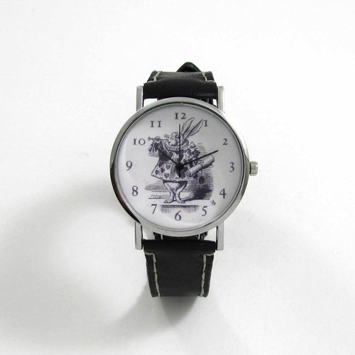 Alice in Wonderland Black Leather Wrist Watch