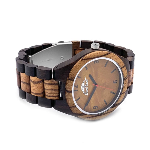 Two Tone Zebrawood and Ebony Sandalwood Watch With Whiskey Wood Dial