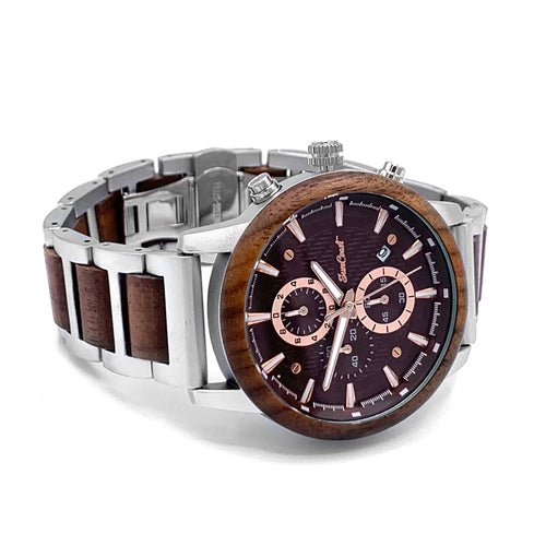 Stainless Steel and M1 Garand Stock Wood Chronograph Watch with Dark Bronze Face and Rose Gold Accents