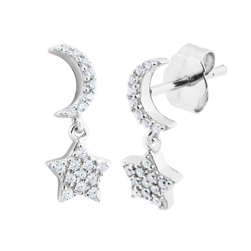 CZ Star and Moon Silver Earrings