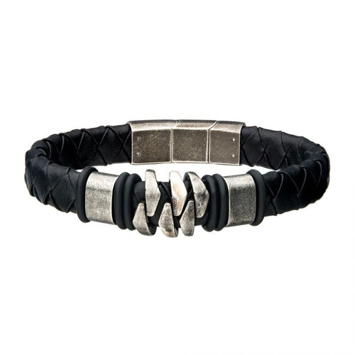 Steel and Gun Metal Black Leather Bohemian Bracelet