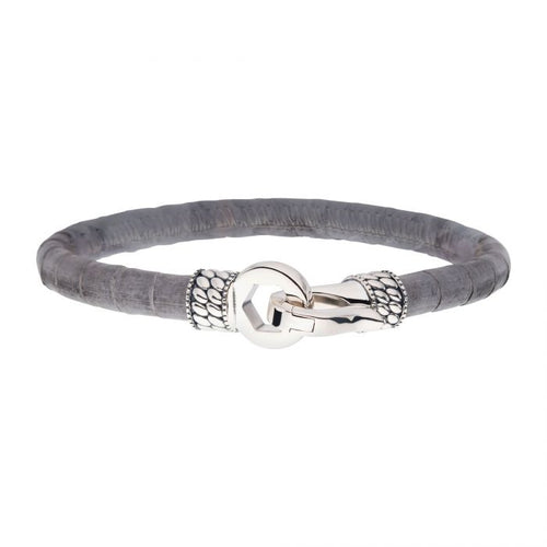 Gray Soft Python Snake Leather Bracelet with Hinged Polished Finish 925 Sterling Silver Clasp