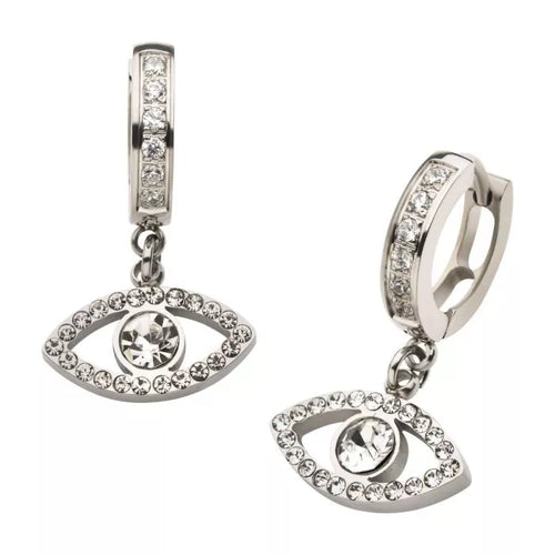 Stainless Steel Clear CZ Huggie with Clear CZ Open Eye Dangle Earrings