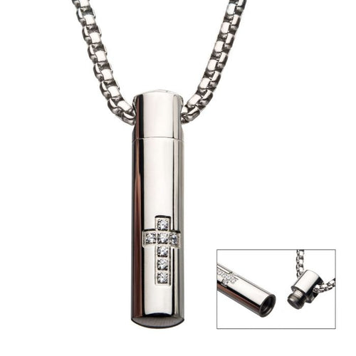 Stainless Steel Stash Cross Pendant with Clear CZ & Steel Box Chain