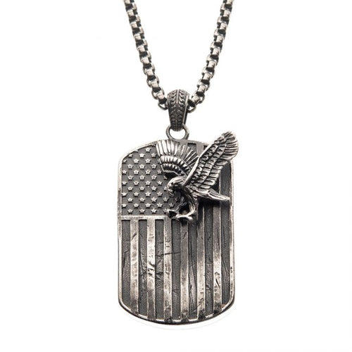 Gun Metal Plated Rugged American Flag with Polished Steel 3D Eagle Pendant with Box Chain