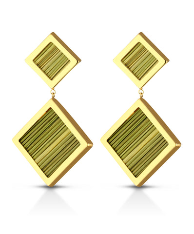 Lisa Tibaldi Terra Mia Collezione Bijoux orecchini doppio pendente quadrato in metallo color Gold e stramma lavorata a mano. Made in Italy ecosostenibile 