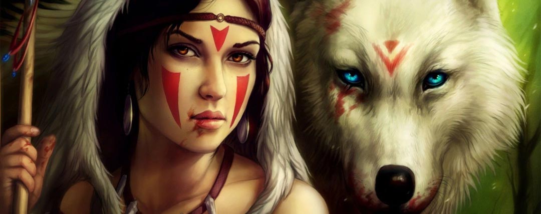 femme amérindienne et loup blanc