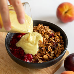 Vegan Custard with Stewed Stone Fruits + Coco-Berry Granola