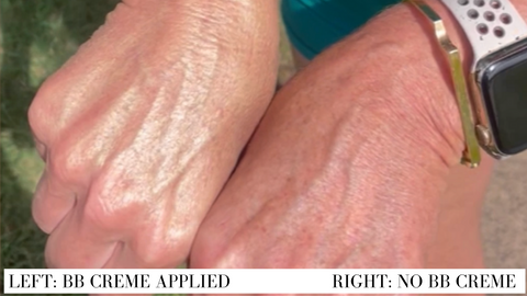 Before and after photo of our BB Cream blended on the hands, left is BB Cream, right has no BB Cream. You can see in the image the BB Cream blurs and smooths the skin tone underneath