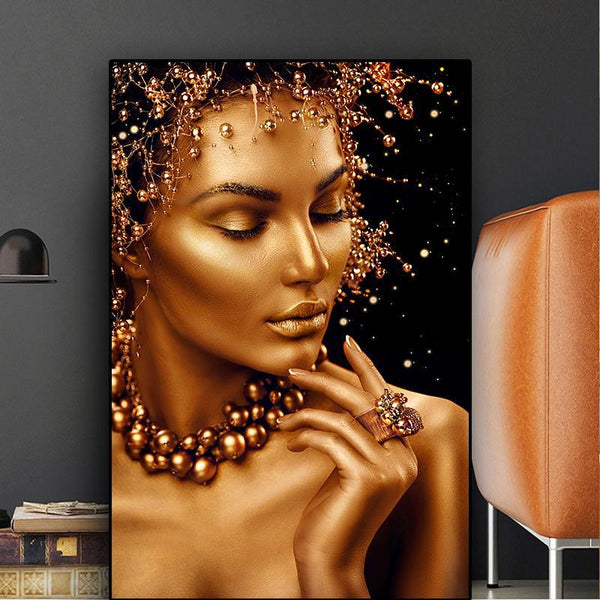 Black and Gold Woman Oil Painting on Black Canvas Wall Art | Minimalist ...