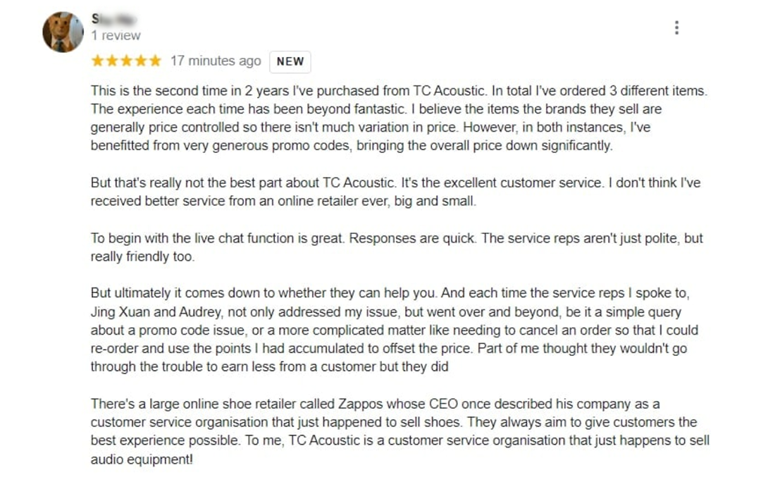 A google review of TC Acoustic's live chat experience