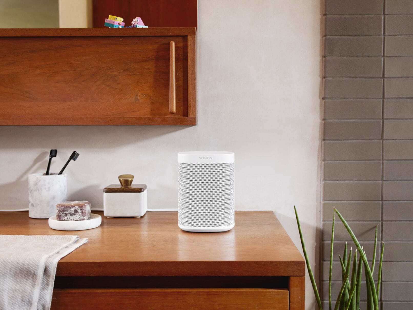 Sonos One on bathroom counter