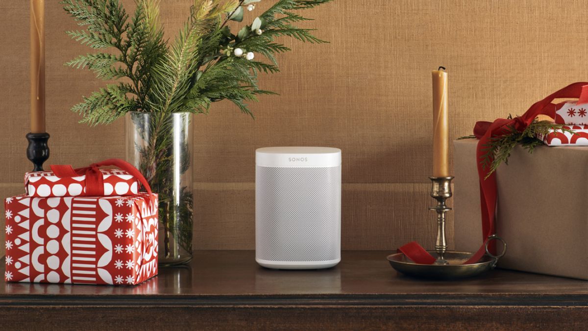 White Sonos One on Christmas themed table top