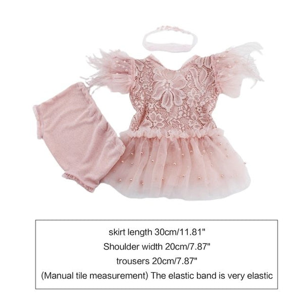 3Pcs Newborn Photography Baby Girl Pink Lace Set Size Info at Drestiny