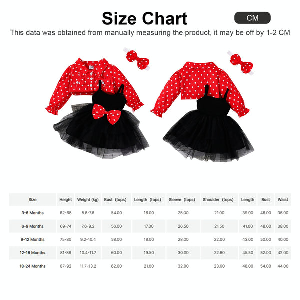 Baby Girl's Black Party Dress + Red Polka Dot Jacket Set Size Guide at Drestiny