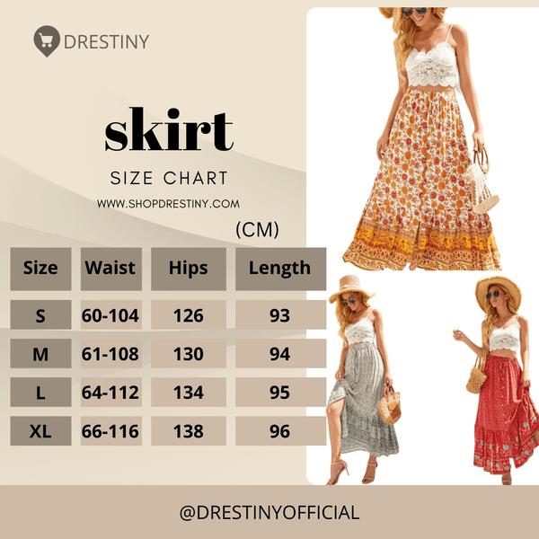 Boho Retro Floral Print Skirts Size Guide at Drestiny - Find Your Style Destiny