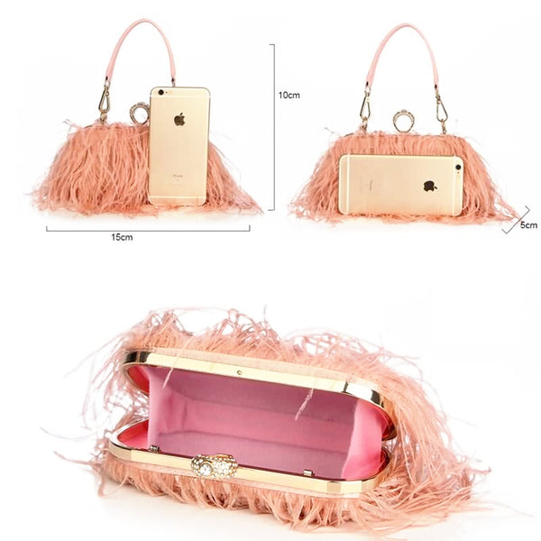 Ostrich Feather Clutch With Removable Shoulder Strap & Satin Interior Size Guide From Drestiny