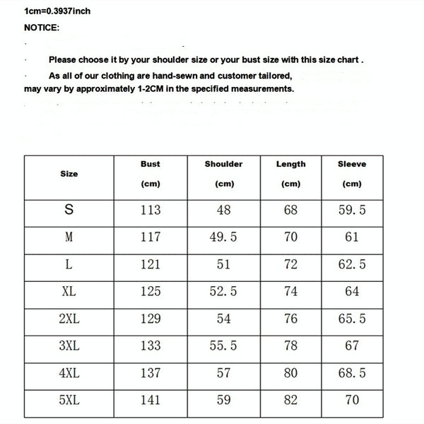 Matching Couple Coats - Size Guide