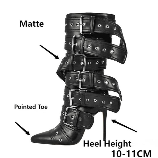 Pointed Toe Stiletto Mid-Calf Boots For Women With Buckle Straps