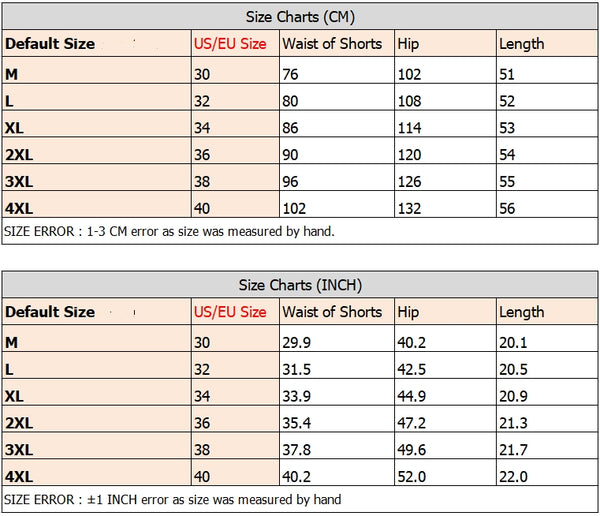 Men's Quick Dry Cargo Shorts Size Guide