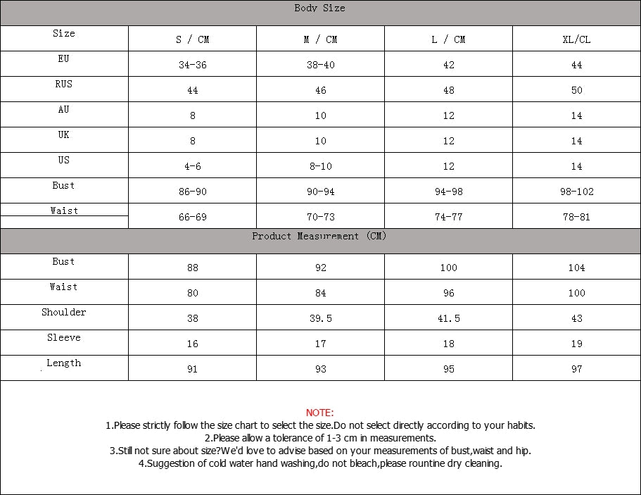 Maternity Dress - Size Chart