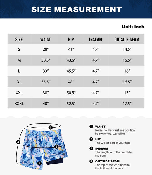 Mens Swimming Trunks with Compression Liner Size Guide