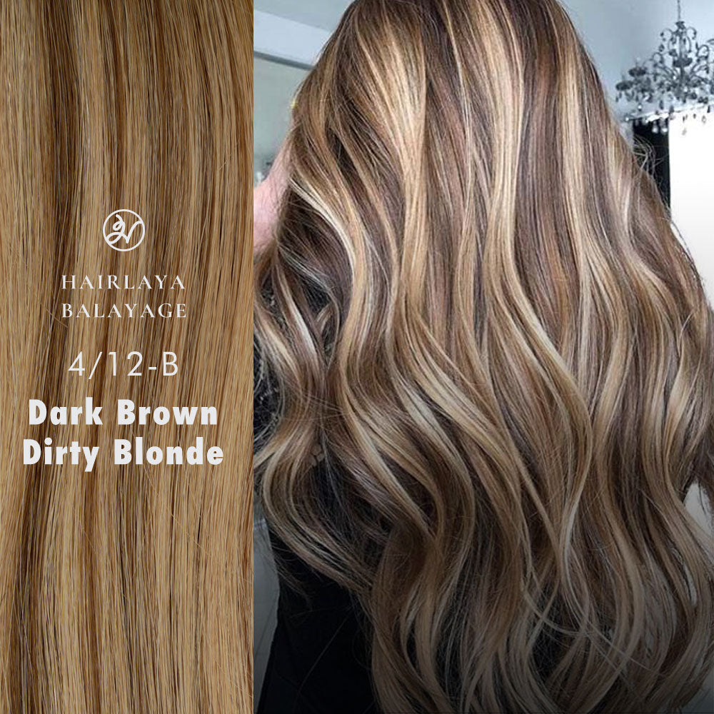 #4/12-B Dark Brown/Dirty Blonde balayage hand-tied hair extensions