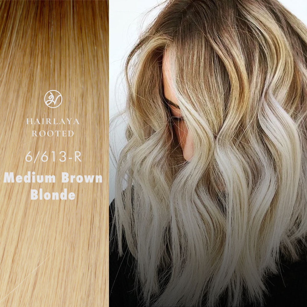 #6/613-R Medium Brown/Blonde hand-tied hair extensions