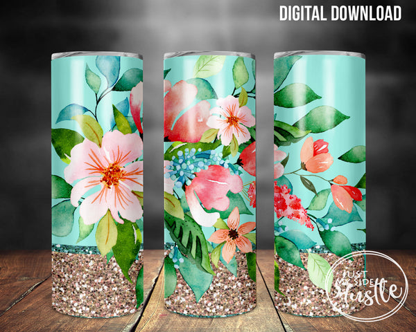 Download Tropical Flowers 20 Oz Skinny Tumbler Sublimating Png Glitter Floral Sublimation Designs Just My Side Hustle