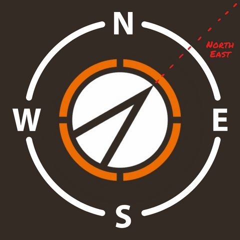 the Apres compass symbol overlayed on a compass. A dashed line points towards the northeast.