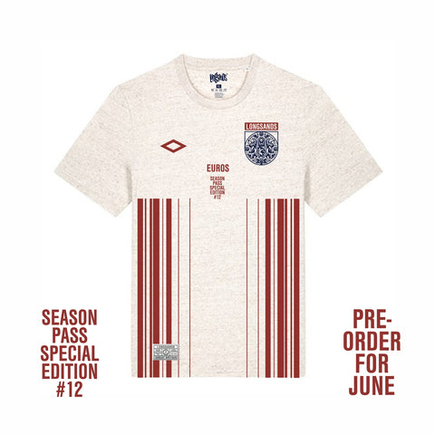Longsands Season Pass shirt #12 is laid out on a white background, text flanks either side reading: Season Pass Special Edition #12 Pre-order for June