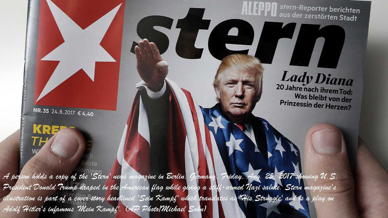 A person holds a copy of the 'Stern' news magazine in Berlin, Germany, Friday, Aug. 25, 2017 showing U.S. President Donald Trump draped in the American flag while giving a stiff-armed Nazi salute. Stern magazine's illustration is part of a cover story headlined 'Sein Kampf' which translates as 'His Struggle' and is a play on Adolf Hitler's infamous 'Mein Kampf'. (AP Photo/Michael Sohn)