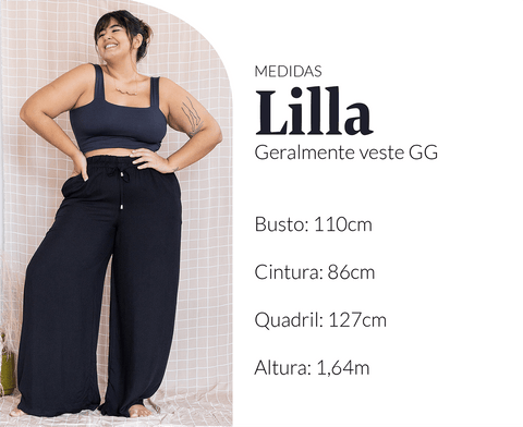 Medidas modelo Lilla, que veste GG. Busto 110cm, cintura 86cm, quadril 127cm