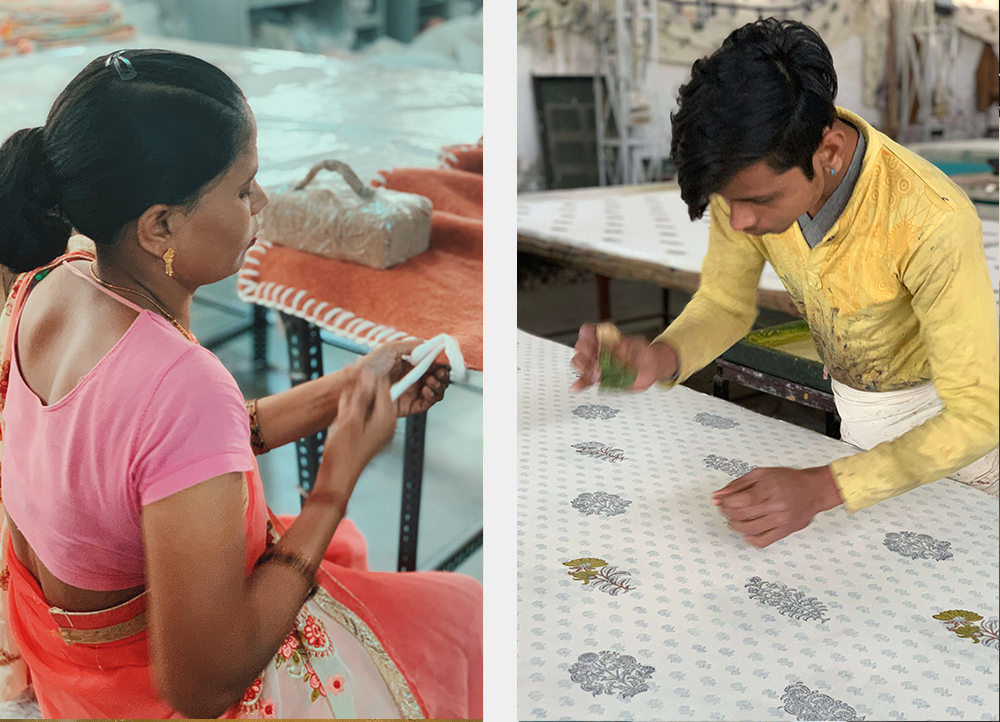 Artisans in India using traditional weaving and block printing techniques