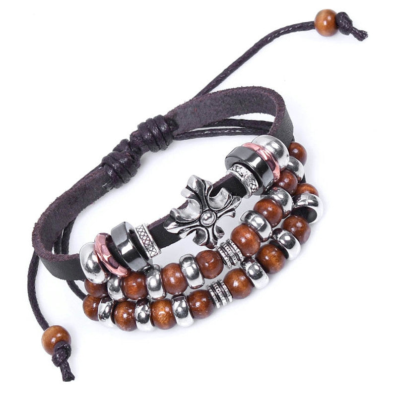 Bohemia Vintage Leather Beaded Handmade Cross Bracelet Lift Your