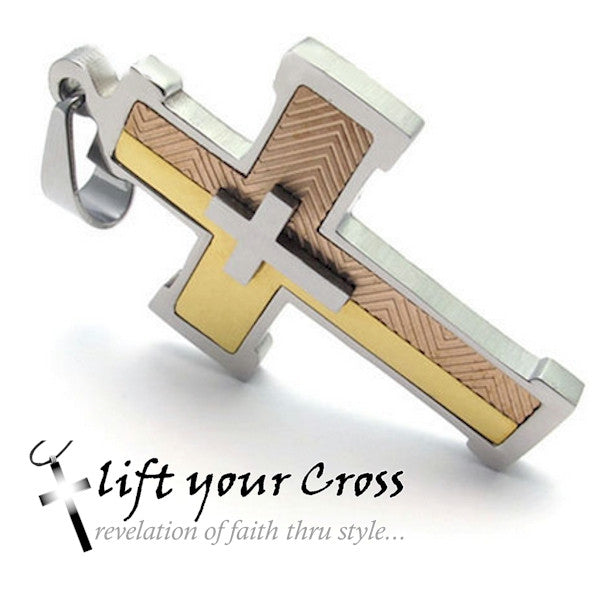 3 Tone Christian Stainless Steel Cross Pendant Necklace - Silver