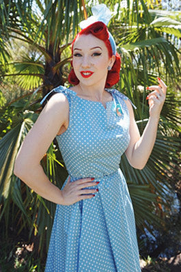 Zapaka Blue Polka Dots Dress Asymmetrical Neck 1950s Swing Pin Up ...