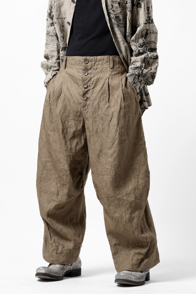 YUTA MATSUOKA 2 tucks wide trousers / sulfur dyed canvas linen