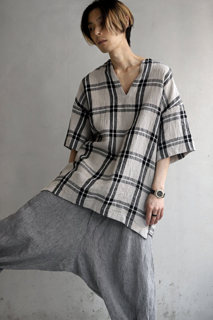 _vital exclusive collarless pullover shirt / linen-Plaid