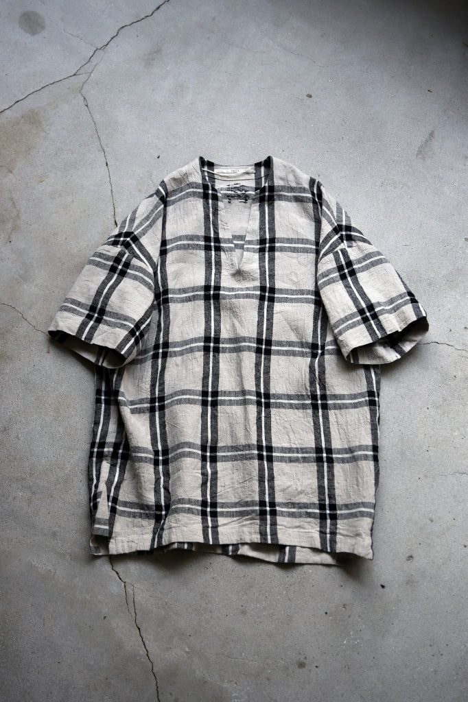 _vital exclusive collarless pullover shirt / linen-Plaid