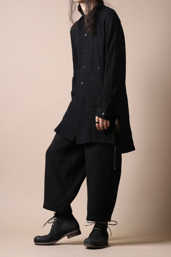 [ Shirt ] forme d'expression Long Wool Shirt with Pocket Price / ￥91,300 - (in tax) Size / M,L (*Fitting;M) Color / Black Material / Plain Weave (Cotton)  [ Pants ] Aleksandr Manamis Slit Cropped Pant with Suspender Price / ￥141,900 - (in tax) Size / Ⅱ (*Fitting;Ⅱ) Color / Black Material / Woven (Wool,Cotton,Linen)  [ Shoes ] DIMISSIANOS & MILLER chukka boot / culatta reverse matte Price / ￥132,000 - (in tax) Size / 41,42 Color / Black Material / Culatta Reverse Matte (Horse Leather)  [ Cap ] forme d'expression Cadet Cap Price / ￥23,100 - (in tax) Size / L (*Fitting;L) Color / Carbon Material / Woven (Ramie,Linen)