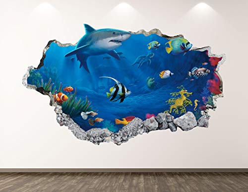 Supersonische snelheid maag verkouden worden West Mountain Shark Wall Decal Art Decor 3D Smashed Aquarium Sticker P |  WallDecals.com
