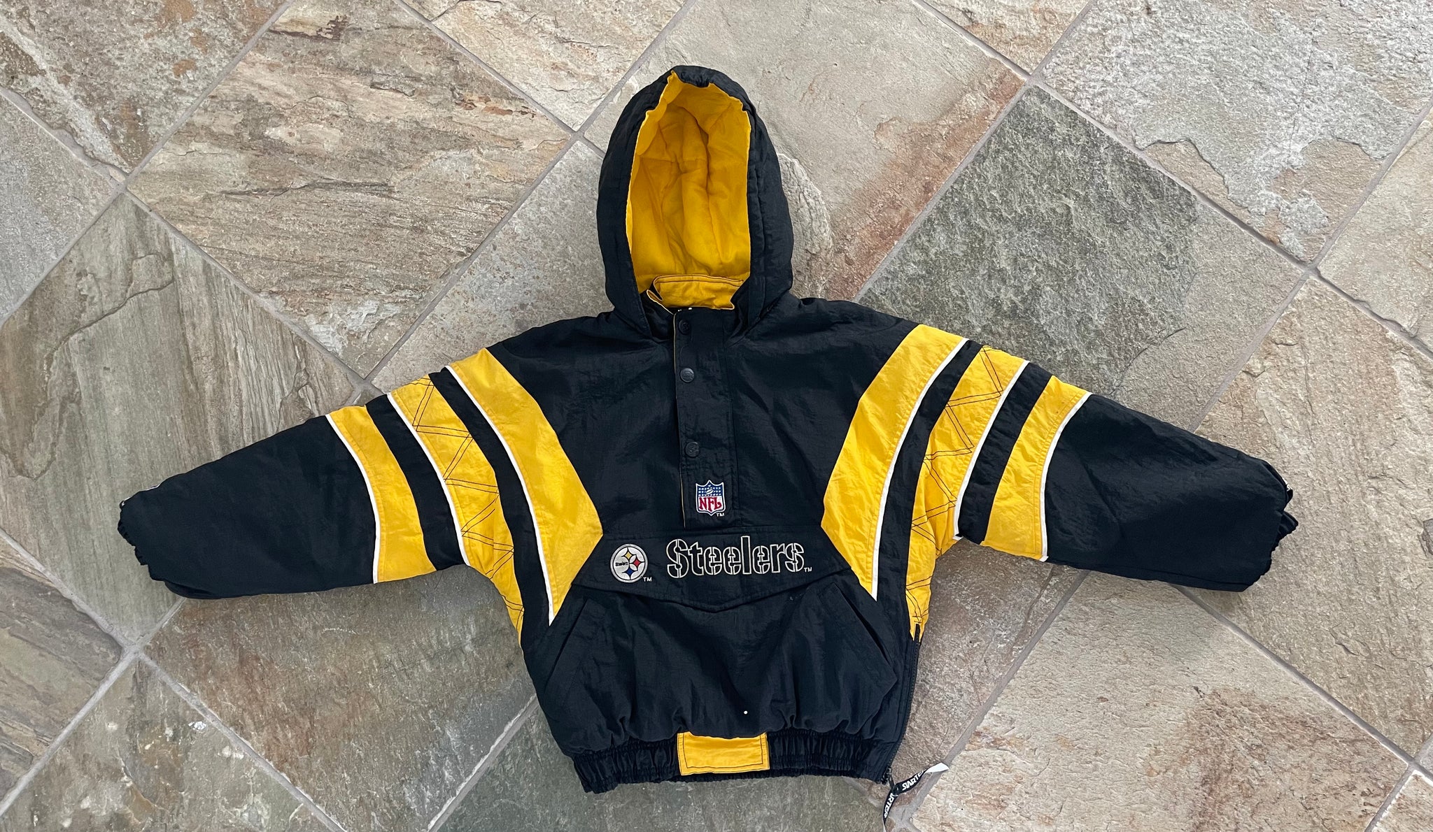 Vintage Steelers Starter Jacket Puffer Hood Black Yellow 