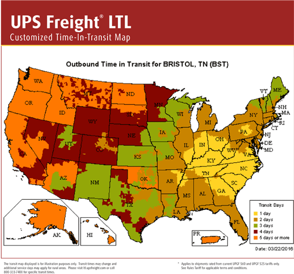 UPS Freight Outbound Shipping Map from Bristol, TN.