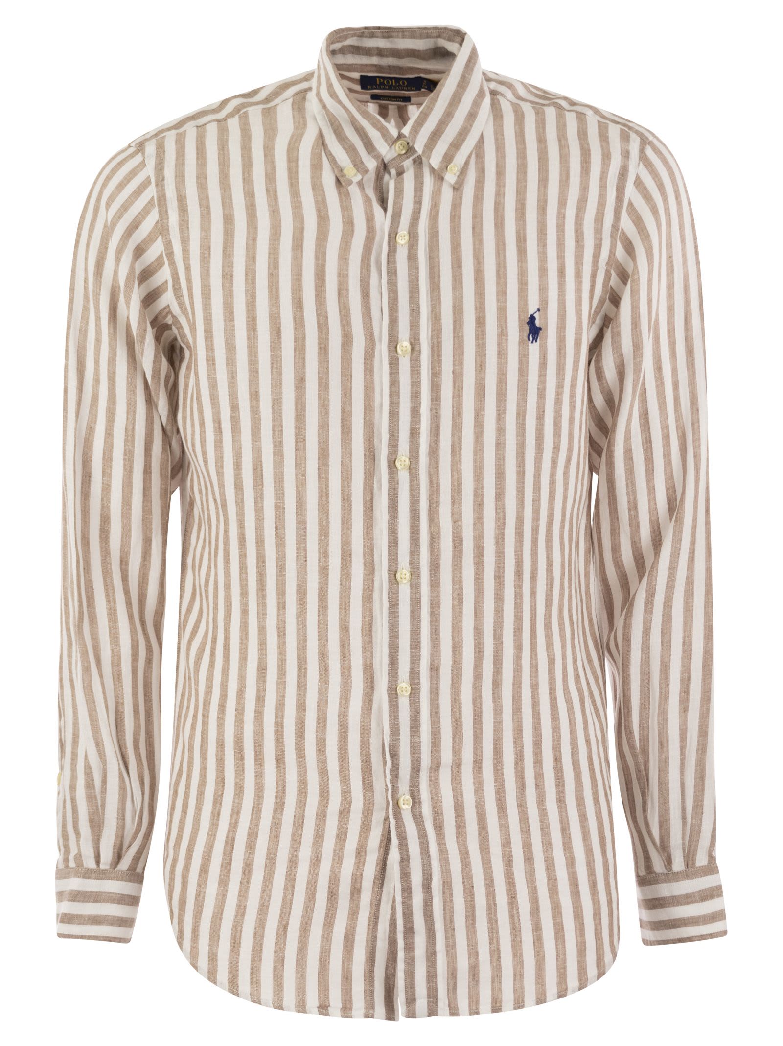 Polo Ralph Lauren Custom Fit Striped Linen Shirt In Brown