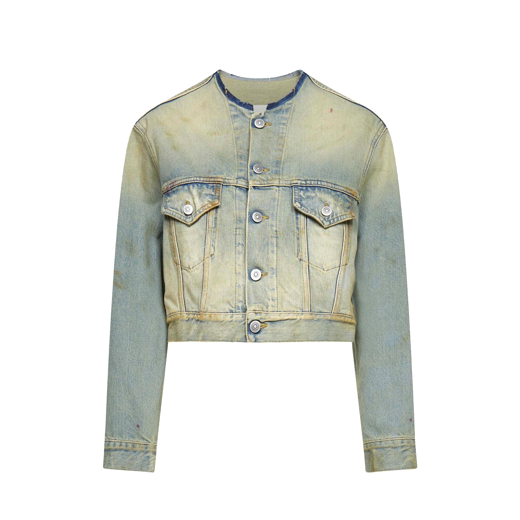 Distressed-effect Collarless Denim Jacket In Blue