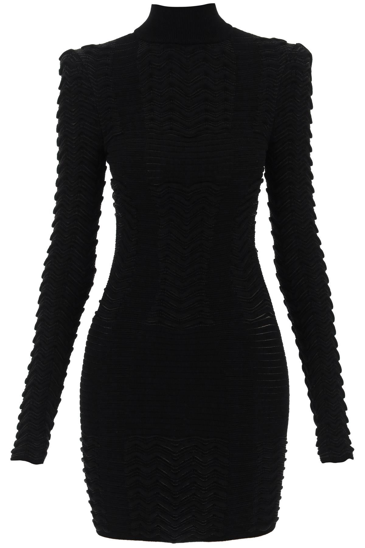 Balmain Turtleneck Mini Dress In Texturized Knit In Noir (black)