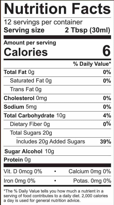 Sugar free coffee syrup nutritional label facts